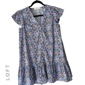 LOFT | NWOT MEDALLION PRINT RUFFLE FLOUNCE BUTTON FRONT COTTON DRESS | XSP